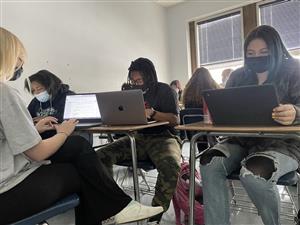 Photo shows a group of students using laptops to complete an assignment
